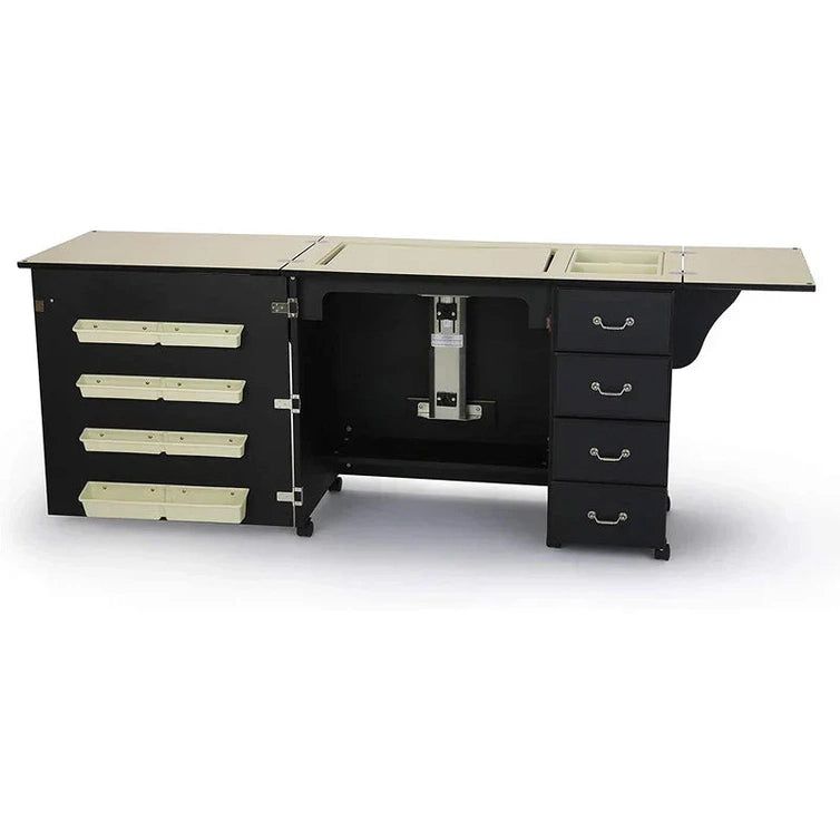 Sewing Cabinet For Sturdy Sewing, Cutting, Quilting, And Crafting With Storage And Airlift, Black Finish