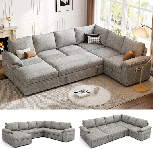 108 In. Sectional Sleeper Sofa With Pull Out Bed, U Shaped 7 Seat Modular Sectional Sofa