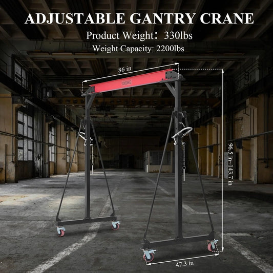 1 Ton Adjustable Gantry Crane, 2200 Lbs Capacity, Height Adjustable 96.5 In.-143.7 In, Portable Hoist For Factory, Construction, Warehouse