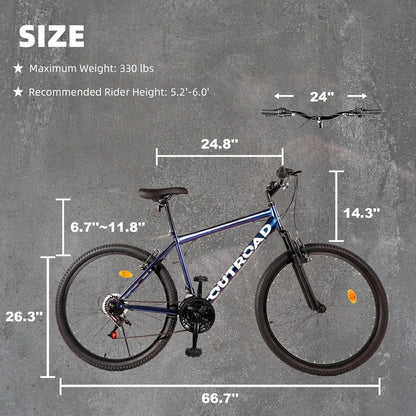 Outroad 26 In. Mountain Bike, 21-Speed/High-Carbon Steel/Aviation Grade Frame, Dual Disc/V Brake