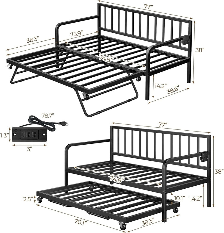 Rolanstar Daybed With Charging Station And LED Lights, Height Adjustable Twin Daybed With Trundle, Metal Sofa Bed Frame With Steel Slat Support