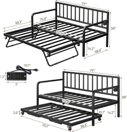 Rolanstar Daybed With Charging Station And LED Lights, Height Adjustable Twin Daybed With Trundle, Metal Sofa Bed Frame With Steel Slat Support