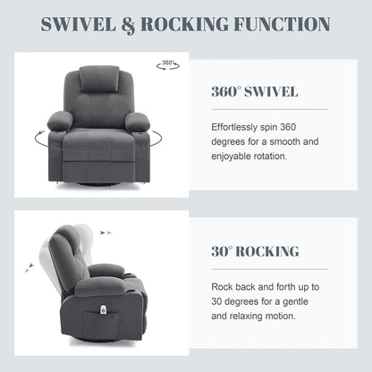 Oversized Swivel Rocker Recliner Chair With Heat And Massage, 360 Degree Swivel Rocking Single Sofa With Cup Holders And USB Port