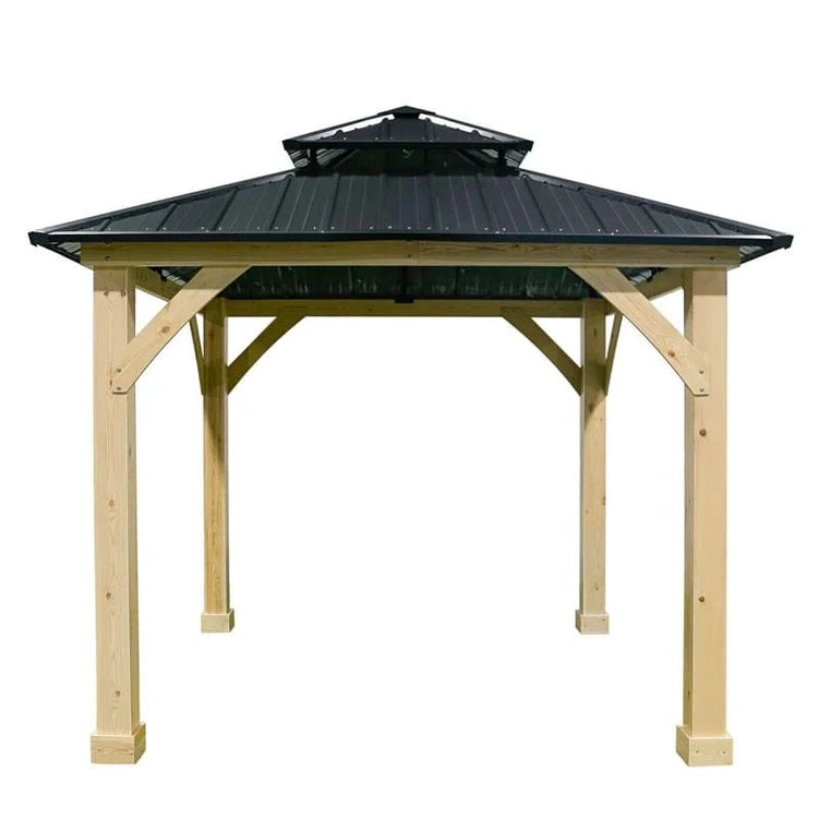 10 x 10 Ft. Outdoor Patio Hardtop Gazebo With Wood Frame And 2-Tier Metal Roof, All-Weather Gazebo Pergolas Shelter