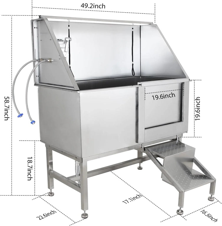 50 In. Dog Wash Bathtub, Pet Wash Station, Professional Stainless Steel Dog Grooming Tub With Ramp, Faucet, Sprayer, Drain Kit, Right Door