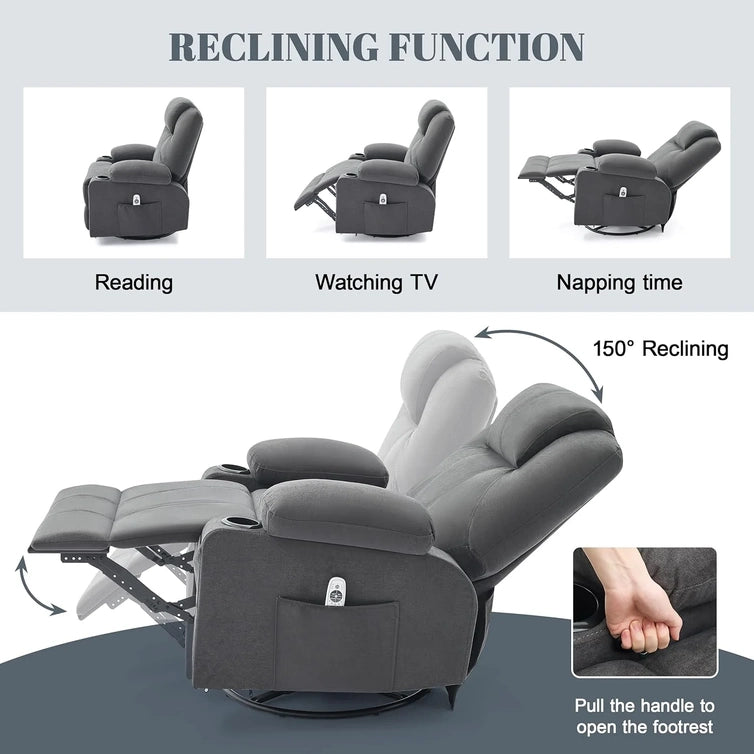 Oversized Swivel Rocker Recliner Chair With Heat And Massage, 360 Degree Swivel Rocking Single Sofa With Cup Holders And USB Port