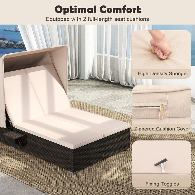 RELAX4LIFE Outdoor Daybed Retractable Canopy Wicker Double Chaise Lounge 6-Position Backrest