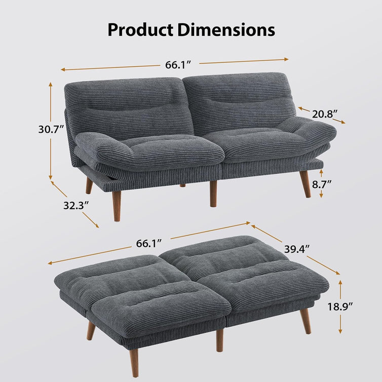 Pipishell Convertible Futon Sofa Bed, 66 In. Corduroy Futon Couch With Adjustable Backrest And Armrests, Recliner Sleeper Sofa For Small Spaces