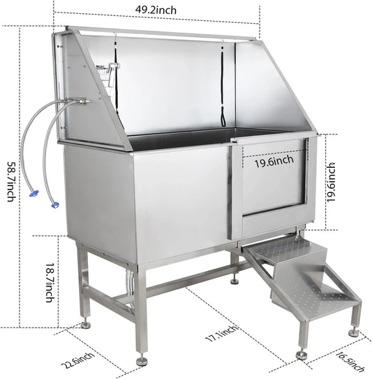 50 In. Dog Wash Bathtub, Pet Wash Station, Professional Stainless Steel Dog Grooming Tub With Ramp, Faucet, Sprayer, Drain Kit, Right Door