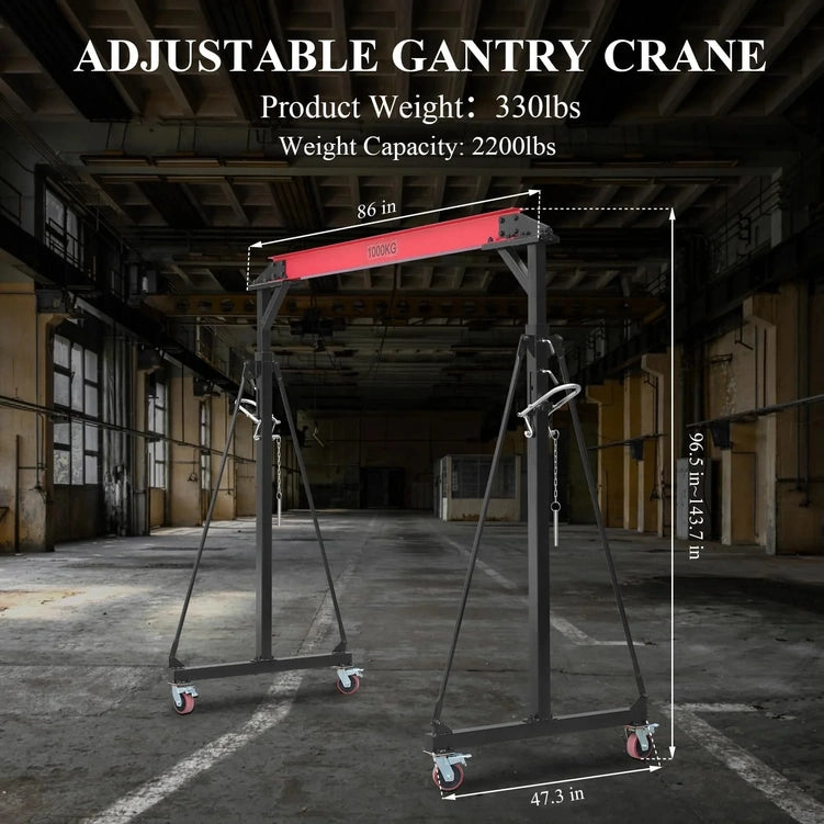1-ton Gantry Crane, Adjustable, 2200 Lbs Lifting Capacity, Height Adjustable 96.5 In.-143.7 In, Portable Hoist For Factory, Construction Site