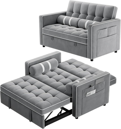 Pipishell 3-in-1 Convertible Sleeper Sofa Bed, Pull Out Couch For Living Room With USB Ports And Side Pockets, Adjustable Backrest, Velvet