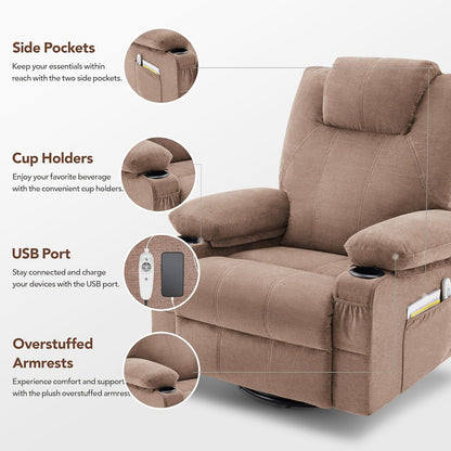 Oversized Swivel Rocker Recliner Chair With Heat And Massage, 360 Degree Swivel Rocking Single Sofa With Cup Holders And USB Port