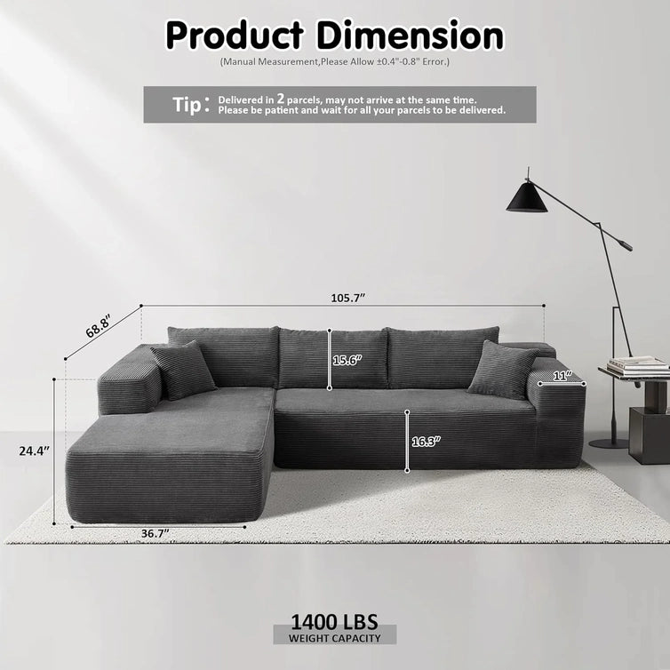 Ovios 104 In. Cloud Sectional Couch With L-Shape Chaise, Modern Modular Sofa With Deep Seat, Upholstered Couches For Living Room Bedroom