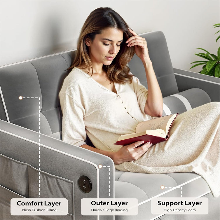 Pipishell 3-in-1 Convertible Sleeper Sofa Bed, Pull Out Couch For Living Room With USB Ports And Side Pockets, Adjustable Backrest, Velvet