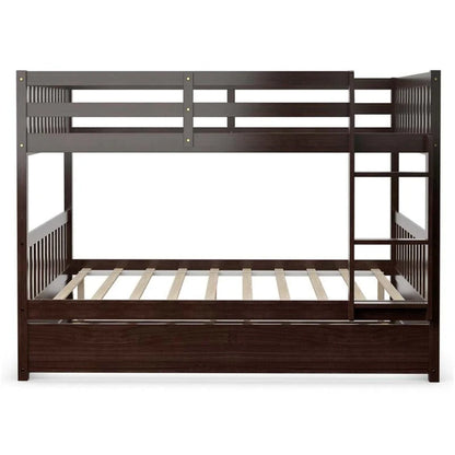Solid Wood Full Over Full Bunk Bed Frame With Trundle, Safety Ladder And Guardrails, Convertible Bunk Bed For Kids Teens