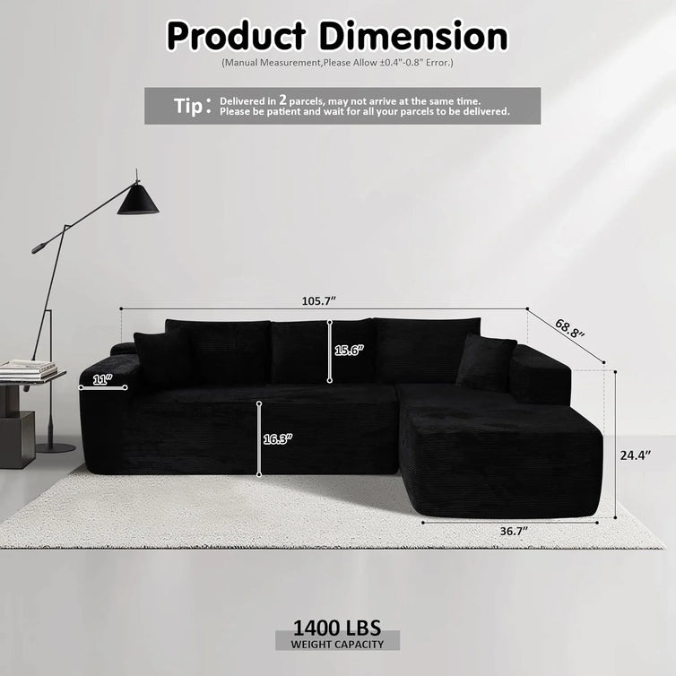 Ovios 104 In. Cloud Sectional Couch With L-Shape Chaise, Modern Modular Sofa With Deep Seat, Upholstered Couches For Living Room Bedroom