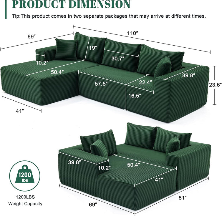 110 Cloud Sectional Couch, Boneless Sofa For Living Room Modular Sectional Sofa With Deep Seat