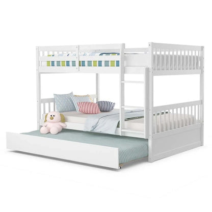 Solid Wood Full Over Full Bunk Bed Frame With Trundle, Safety Ladder And Guardrails, Convertible Bunk Bed For Kids Teens