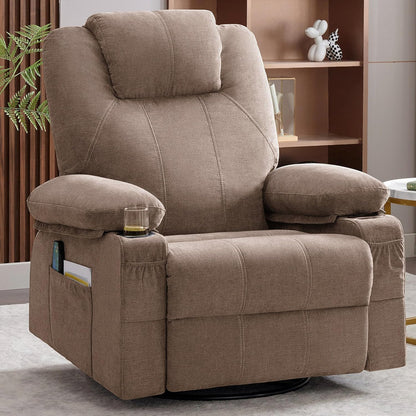 Oversized Swivel Rocker Recliner Chair With Heat And Massage, 360 Degree Swivel Rocking Single Sofa With Cup Holders And USB Port
