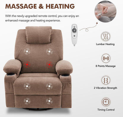 Oversized Swivel Rocker Recliner Chair With Heat And Massage, 360 Degree Swivel Rocking Single Sofa With Cup Holders And USB Port
