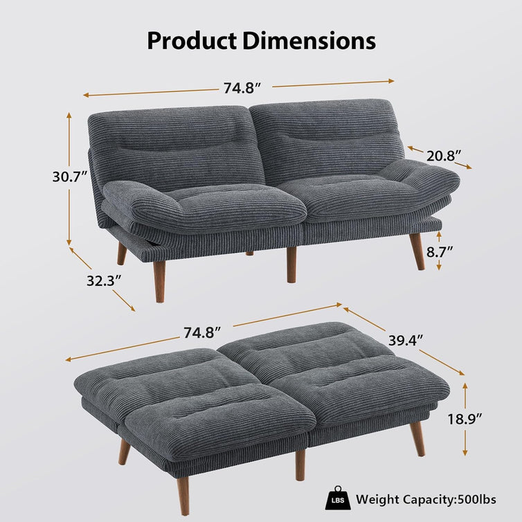 Pipishell Convertible Futon Sofa Bed, 66 In. Corduroy Futon Couch With Adjustable Backrest And Armrests, Recliner Sleeper Sofa For Small Spaces