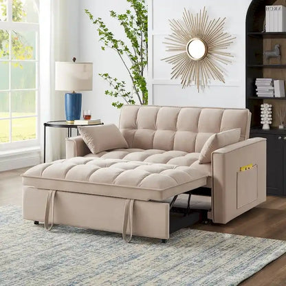 4 in1 Loveseat Sofa Bed With Armrests And Storage Pockets, Multi-Function Tufted Pull-Out Sofa Bed With Adjustable Backrest