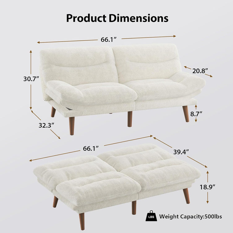 Pipishell Convertible Futon Sofa Bed, 66 In. Corduroy Futon Couch With Adjustable Backrest And Armrests, Recliner Sleeper Sofa For Small Spaces