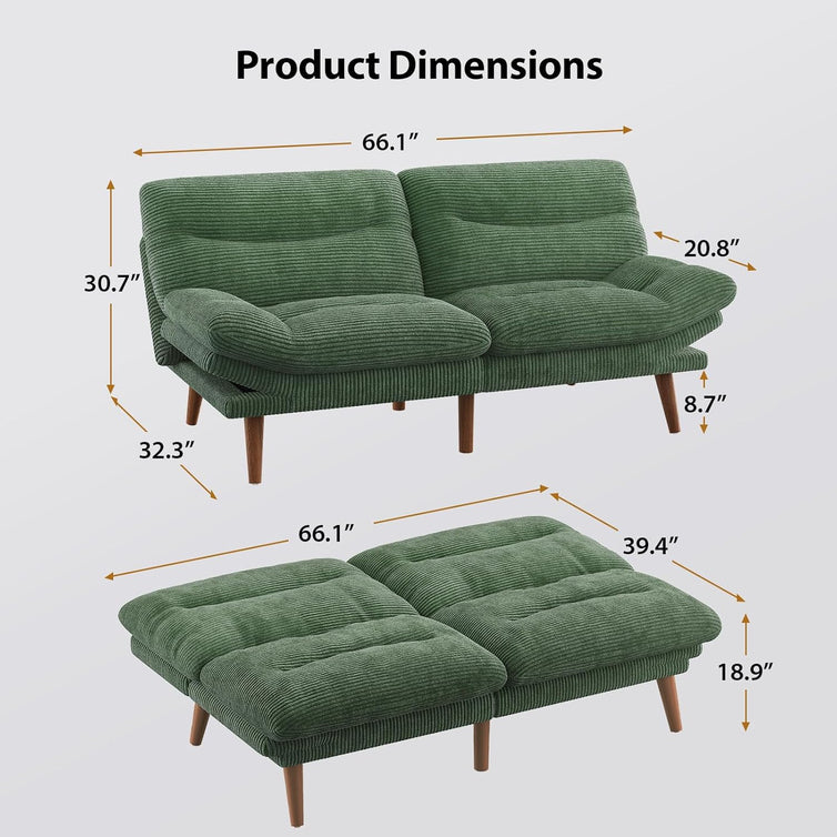 Pipishell Convertible Futon Sofa Bed, 66 In. Corduroy Futon Couch With Adjustable Backrest And Armrests, Recliner Sleeper Sofa For Small Spaces