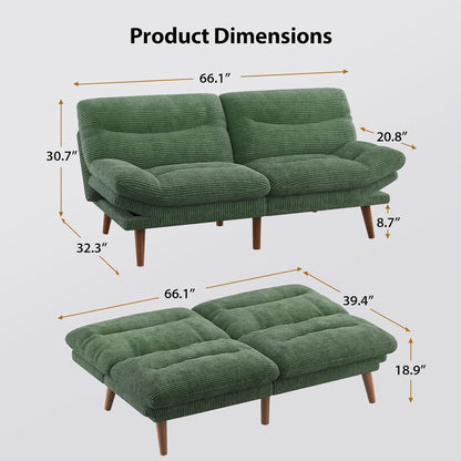 Pipishell Convertible Futon Sofa Bed, 66 In. Corduroy Futon Couch With Adjustable Backrest And Armrests, Recliner Sleeper Sofa For Small Spaces