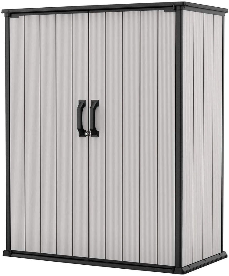 Keter Premier Tall Vertical Durable Resin Outdoor Storage Shed With Floor And Locking Double Doors, Grey