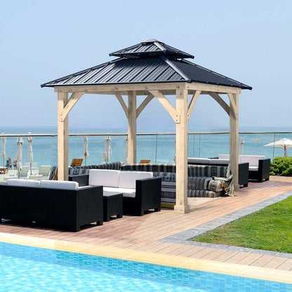 10 x 10 Ft. Outdoor Patio Hardtop Gazebo With Wood Frame And 2-Tier Metal Roof, All-Weather Gazebo Pergolas Shelter