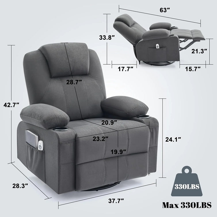 Oversized Swivel Rocker Recliner Chair With Heat And Massage, 360 Degree Swivel Rocking Single Sofa With Cup Holders And USB Port