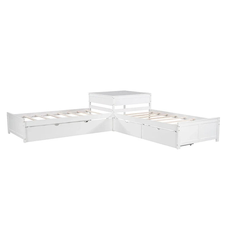 White Modern Twin Size L-Shaped Platform Bed With Trundle And Drawers For Bedroom