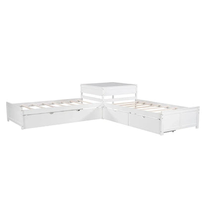 White Modern Twin Size L-Shaped Platform Bed With Trundle And Drawers For Bedroom