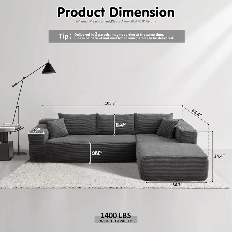 Ovios 104 In. Cloud Sectional Couch With L-Shape Chaise, Modern Modular Sofa With Deep Seat, Upholstered Couches For Living Room Bedroom