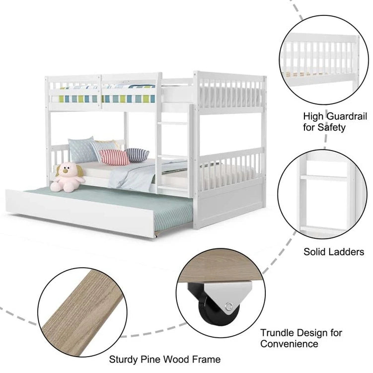 Solid Wood Full Over Full Bunk Bed Frame With Trundle, Safety Ladder And Guardrails, Convertible Bunk Bed For Kids Teens