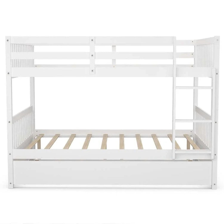 Solid Wood Full Over Full Bunk Bed Frame With Trundle, Safety Ladder And Guardrails, Convertible Bunk Bed For Kids Teens
