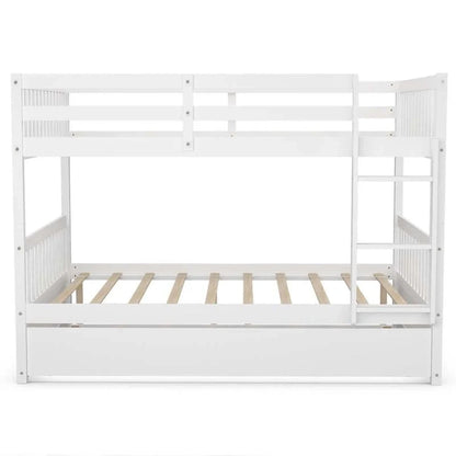 Solid Wood Full Over Full Bunk Bed Frame With Trundle, Safety Ladder And Guardrails, Convertible Bunk Bed For Kids Teens