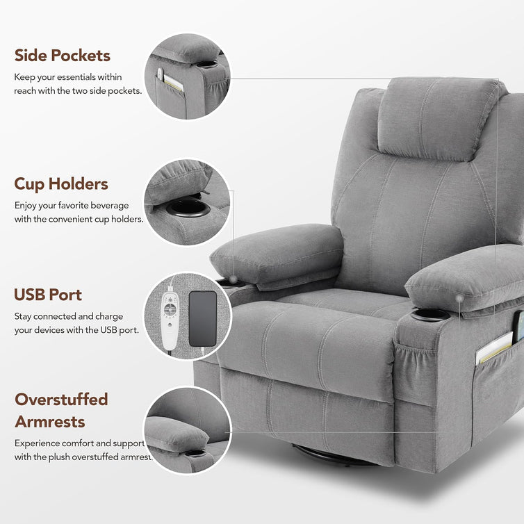Oversized Swivel Rocker Recliner Chair With Heat And Massage, 360 Degree Swivel Rocking Single Sofa With Cup Holders And USB Port