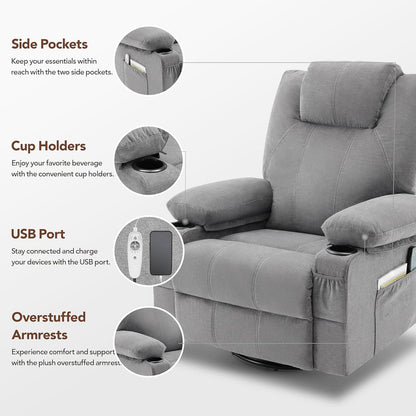 Oversized Swivel Rocker Recliner Chair With Heat And Massage, 360 Degree Swivel Rocking Single Sofa With Cup Holders And USB Port