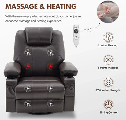 Oversized Swivel Rocker Recliner Chair With Heat And Massage, 360 Degree Swivel Rocking Single Sofa With Cup Holders And USB Port