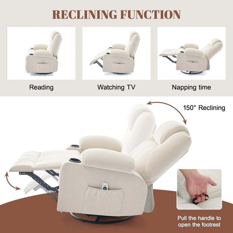 Oversized Swivel Rocker Recliner Chair With Heat And Massage, 360 Degree Swivel Rocking Single Sofa With Cup Holders And USB Port