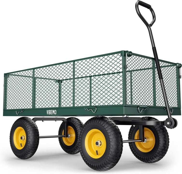 Steel Garden Cart 2-in-1 1400 Lbs Heavy Duty Utility Wagon With Removable Mesh Sides To Convert Into Flatbed 240 U-Turn 13 In. Pneumatic Tires