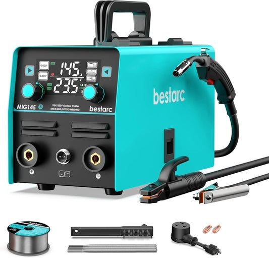 145A MIG Welder, 110V/220V Dual Voltage Gas/Gasless Flux Core MIG Welder/Lift TIG/Stick 3-in-1 Synergic MIG145 9GEN Welding Machine