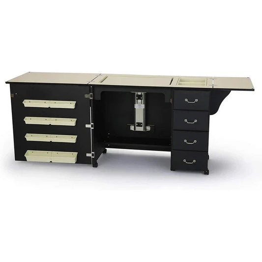 Sewing Cabinet For Sturdy Sewing, Cutting, Quilting, And Crafting With Storage And Airlift, Black Finish