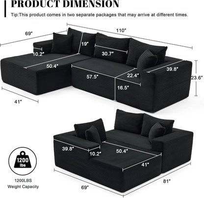 110 Cloud Sectional Couch, Boneless Sofa For Living Room Modular Sectional Sofa With Deep Seat