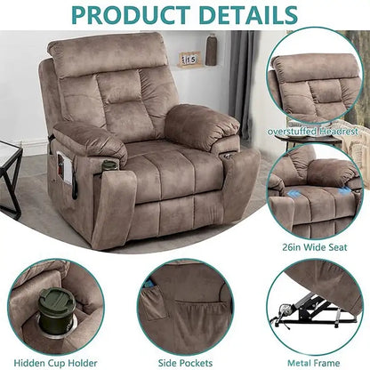 Large Electric Massage Lift Recliner With Heat, Hidden Cup Holder