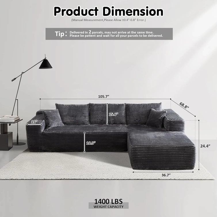 Ovios 104 In. Cloud Sectional Couch With L-Shape Chaise, Modern Modular Sofa With Deep Seat, Upholstered Couches For Living Room Bedroom