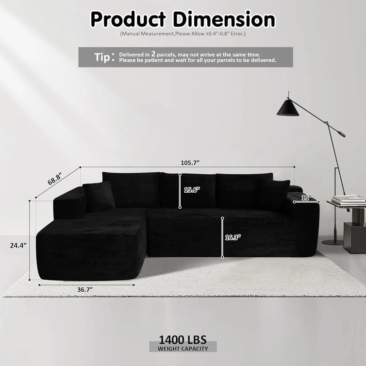 Ovios 104 In. Cloud Sectional Couch With L-Shape Chaise, Modern Modular Sofa With Deep Seat, Upholstered Couches For Living Room Bedroom