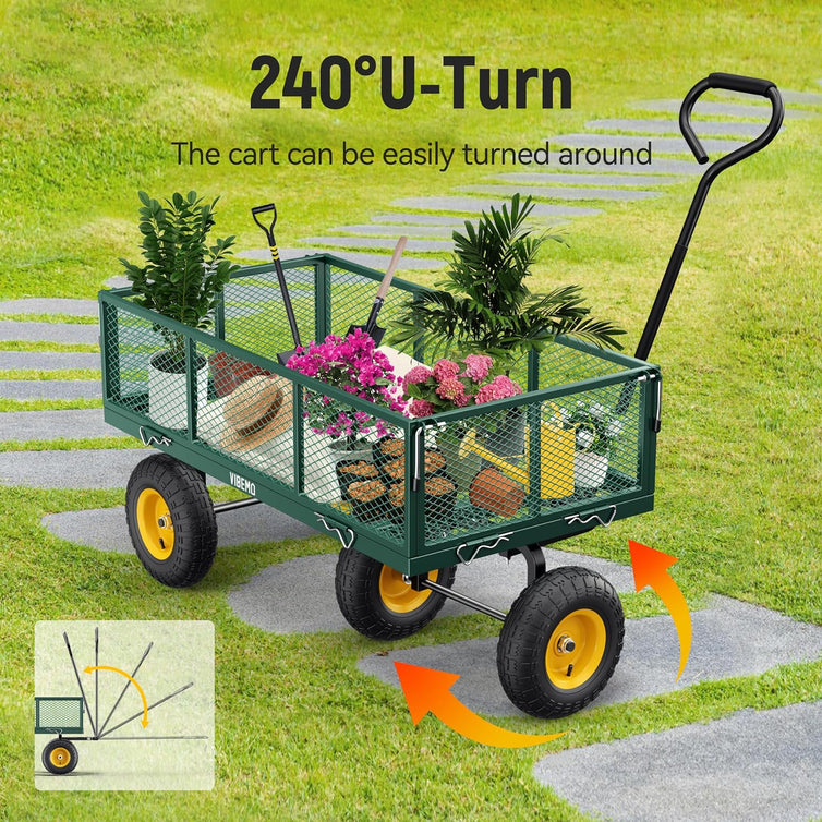 Steel Garden Cart 2-in-1 1400 Lbs Heavy Duty Utility Wagon With Removable Mesh Sides To Convert Into Flatbed 240 U-Turn 13 In. Pneumatic Tires
